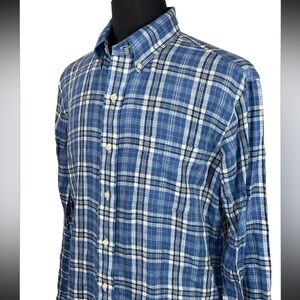 CURRENT POLO RALPH LAUREN BLUE PLAID 100% LINEN BUTTON DOWN SHIRT SZ L
